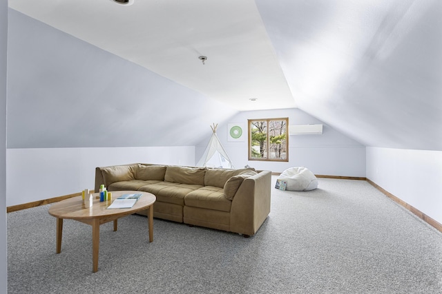 living area with carpet floors, baseboards, and vaulted ceiling
