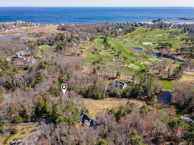 bird's eye view with a water view and golf course view