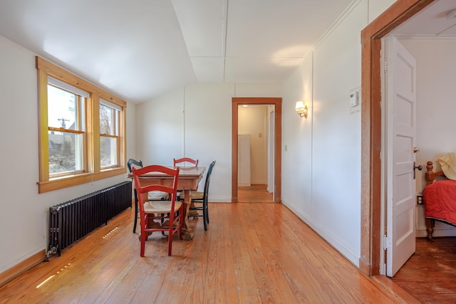 6 Sea St, Northeast Harbor, Mount Desert, ME 04662 - dining area featuring radiator, light wood-type flooring, lofted ceiling, and baseboards