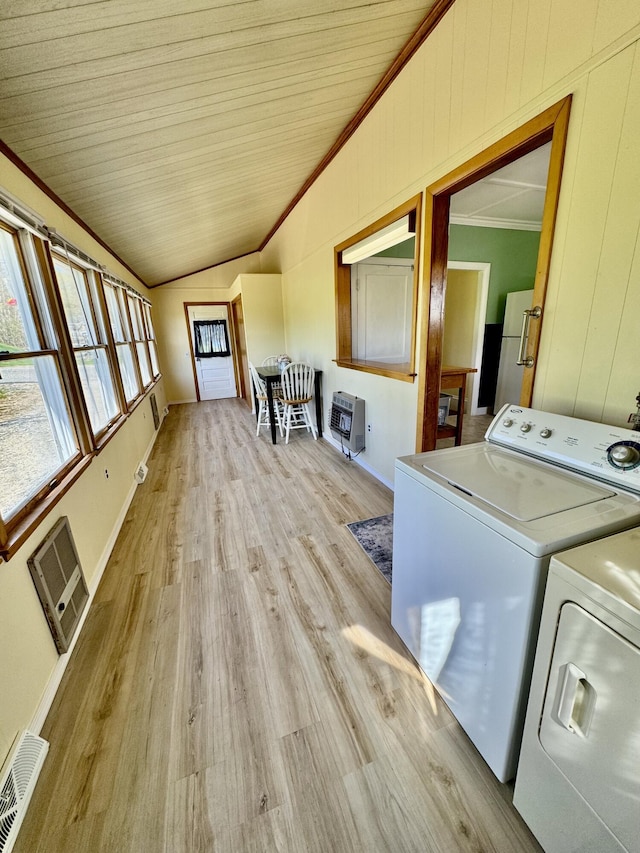 30 Mill St, Harrington, ME 04643 - laundry area with crown molding, washing machine and dryer, light wood-type flooring, and wood ceiling