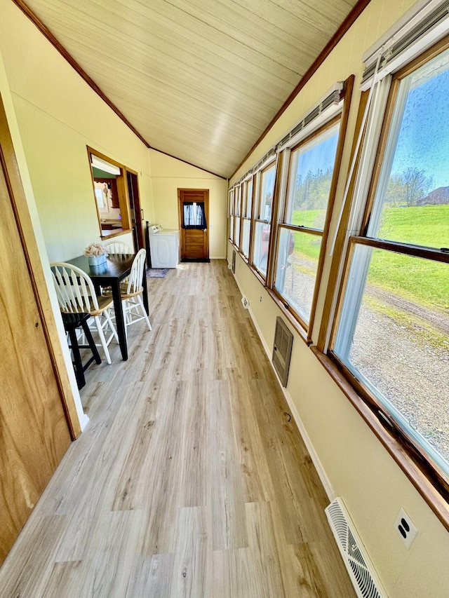 30 Mill St, Harrington, ME 04643 - sunroom / solarium with lofted ceiling, wood finished floors, ornamental molding, baseboards, and wooden ceiling