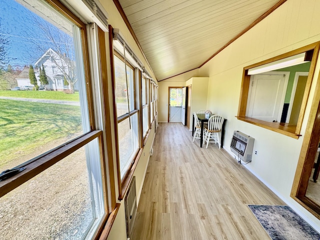 30 Mill St, Harrington, ME 04643 - unfurnished sunroom with heating unit, vaulted ceiling, wood finished floors, plenty of natural light, and wood ceiling