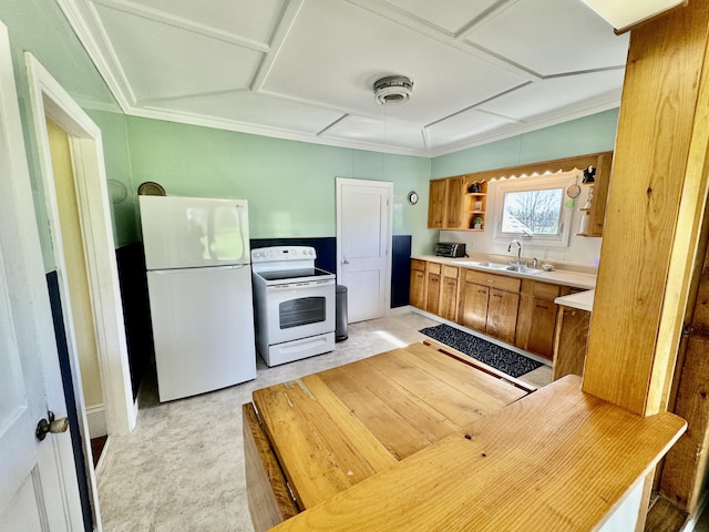 30 Mill St, Harrington, ME 04643 - kitchen with white appliances, a sink, light countertops, brown cabinets, and open shelves