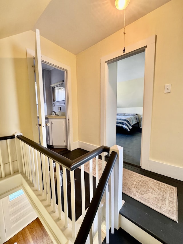 30 Mill St, Harrington, ME 04643 - stairway featuring wood finished floors and vaulted ceiling
