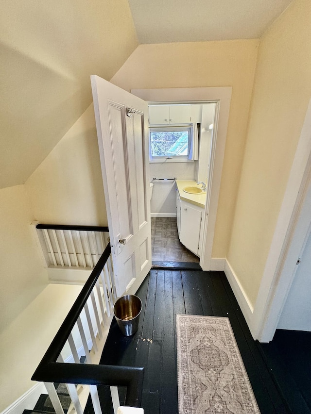 30 Mill St, Harrington, ME 04643 - stairs featuring vaulted ceiling, hardwood / wood-style floors, and baseboards