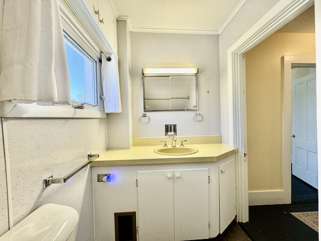 30 Mill St, Harrington, ME 04643 - half bathroom featuring vanity, toilet, and ornamental molding
