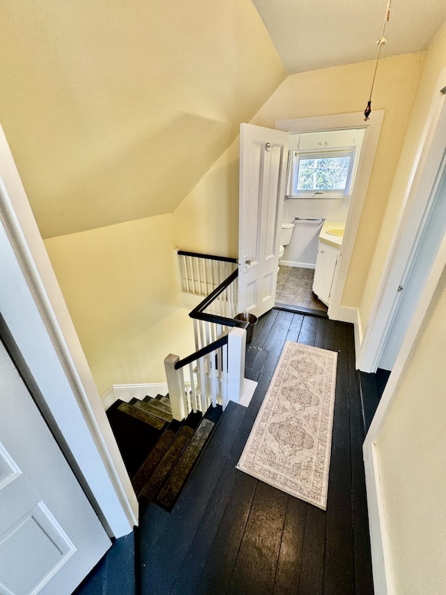 30 Mill St, Harrington, ME 04643 - stairs with vaulted ceiling, hardwood / wood-style floors, and baseboards