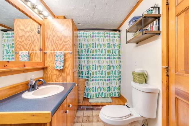 bathroom featuring vanity, a textured ceiling, a shower with shower curtain, and toilet