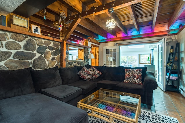 living room featuring wooden ceiling, beam ceiling, and tile patterned flooring