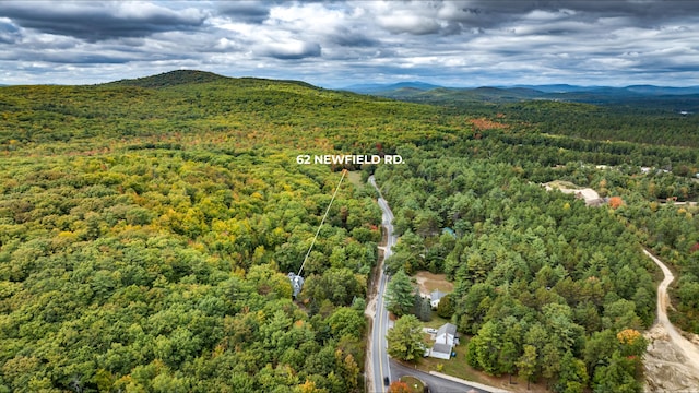 birds eye view of property featuring a mountain view and a wooded view