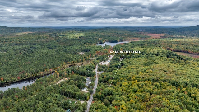 aerial view featuring a water view and a wooded view