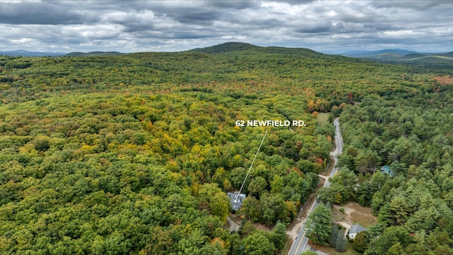 birds eye view of property featuring a wooded view and a mountain view