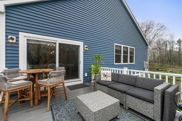 29 Hawks Nest Ln, Wells, ME 04090 - wooden terrace featuring an outdoor living space and outdoor dining area