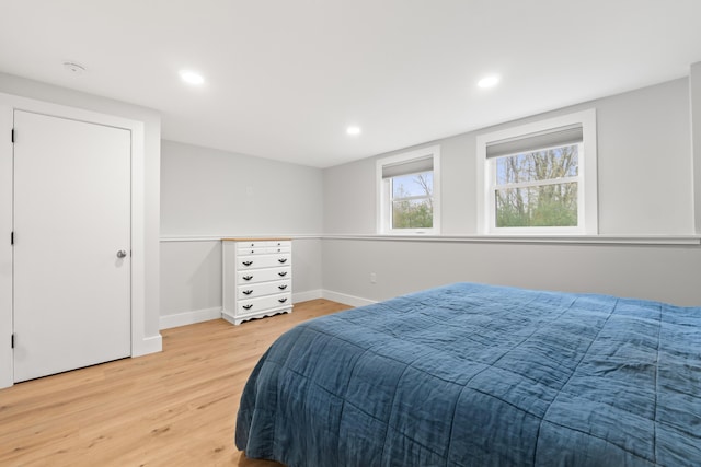29 Hawks Nest Ln, Wells, ME 04090 - bedroom with light wood-type flooring, baseboards, and recessed lighting