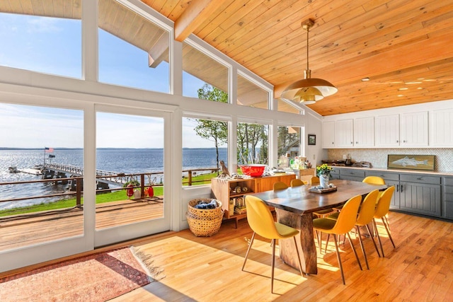 1588 Turtle Head Rd, Islesboro, ME 04848 - dining area with a water view, wood ceiling with exposed beams, light wood-style floors, and high vaulted ceiling