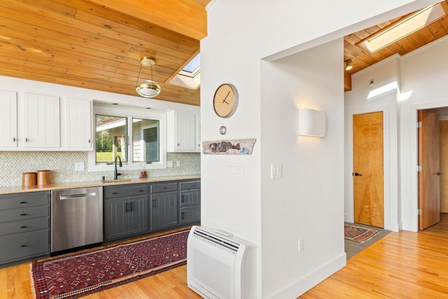 1588 Turtle Head Rd, Islesboro, ME 04848 - kitchen featuring dishwasher, wooden ceiling, gray cabinets, white cabinets, and backsplash