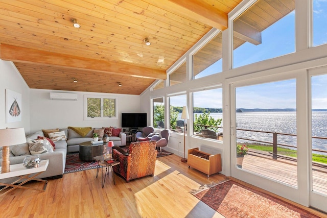 1588 Turtle Head Rd, Islesboro, ME 04848 - living area featuring an AC wall unit, wood finished floors, and wood ceiling