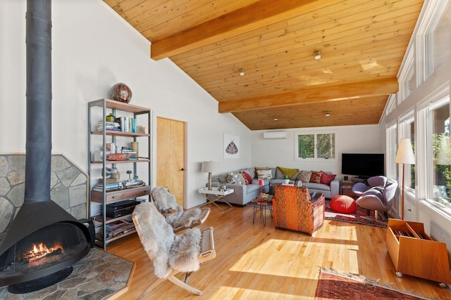 1588 Turtle Head Rd, Islesboro, ME 04848 - living room featuring a wood stove, wood finished floors, a wall unit AC, and wood ceiling