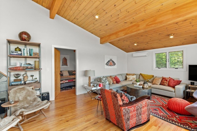 1588 Turtle Head Rd, Islesboro, ME 04848 - living room featuring a wall mounted air conditioner, wood ceiling, and wood finished floors