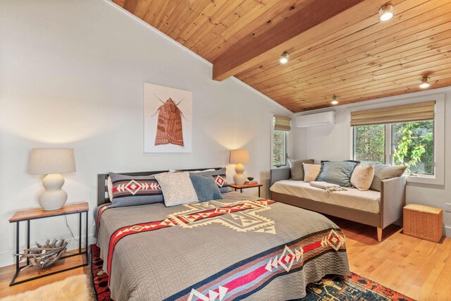 1588 Turtle Head Rd, Islesboro, ME 04848 - bedroom featuring wood finished floors, a wall unit AC, and wooden ceiling