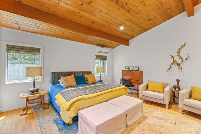 1588 Turtle Head Rd, Islesboro, ME 04848 - bedroom featuring a wall unit AC, wood finished floors, wooden ceiling with exposed beams, and baseboards