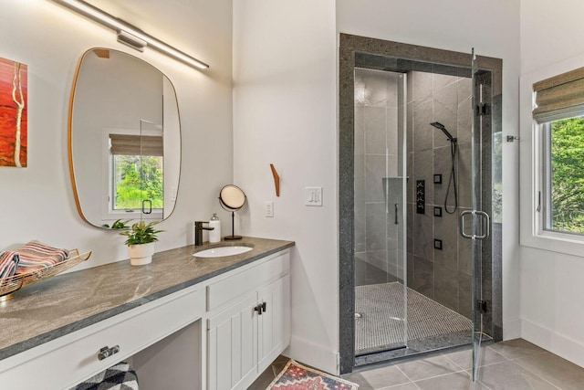 1588 Turtle Head Rd, Islesboro, ME 04848 - bathroom with vanity, a shower stall, tile patterned floors, and baseboards