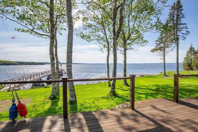 1588 Turtle Head Rd, Islesboro, ME 04848 - wooden deck with a water view and a lawn