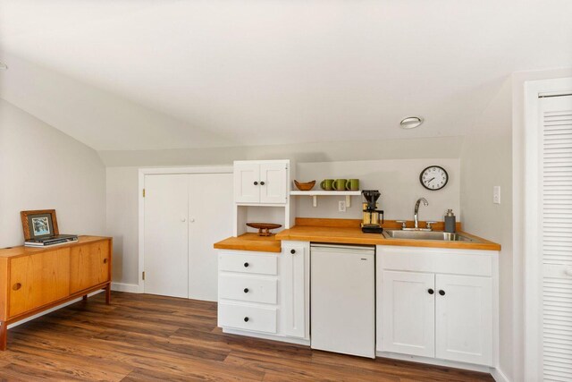 1588 Turtle Head Rd, Islesboro, ME 04848 - kitchen with a sink, white dishwasher, white cabinetry, dark wood-style flooring, and open shelves