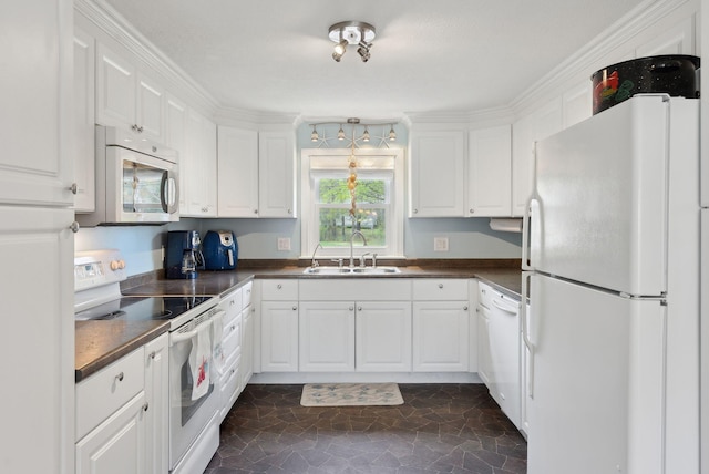 48 Woodside Dr, Kennebunk, ME 04043 - kitchen featuring white appliances, a sink, dark countertops, white cabinetry, and dark stone finish floors