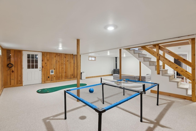 48 Woodside Dr, Kennebunk, ME 04043 - rec room with baseboards, carpet flooring, and wood walls