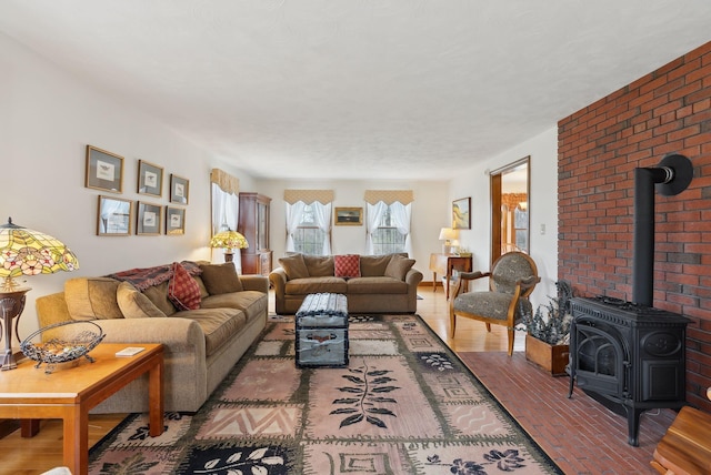 living area with a wood stove
