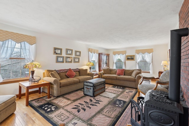 living area with wood-type flooring and a wood stove