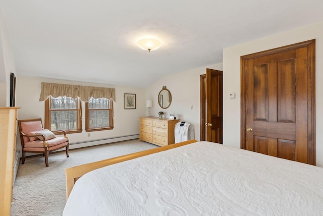 bedroom with light colored carpet and lofted ceiling