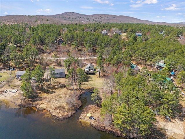 drone / aerial view featuring a water and mountain view and a forest view