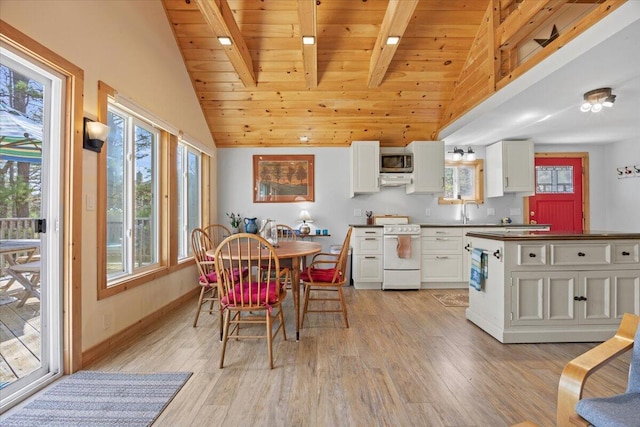 kitchen with dark countertops, white range, vaulted ceiling with beams, wood ceiling, and stainless steel microwave