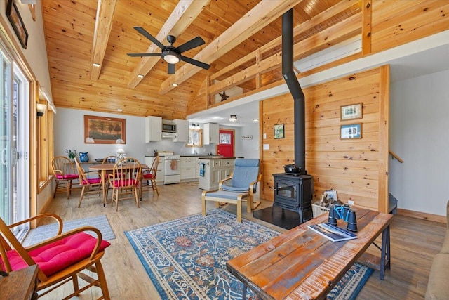 living area featuring ceiling fan, a wood stove, light wood-style flooring, wooden ceiling, and beamed ceiling