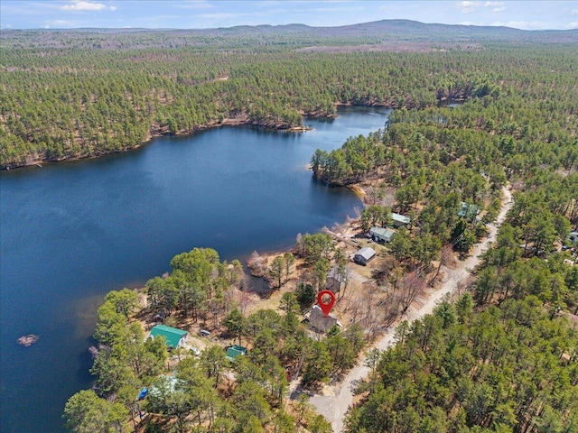 aerial view with a water and mountain view and a wooded view