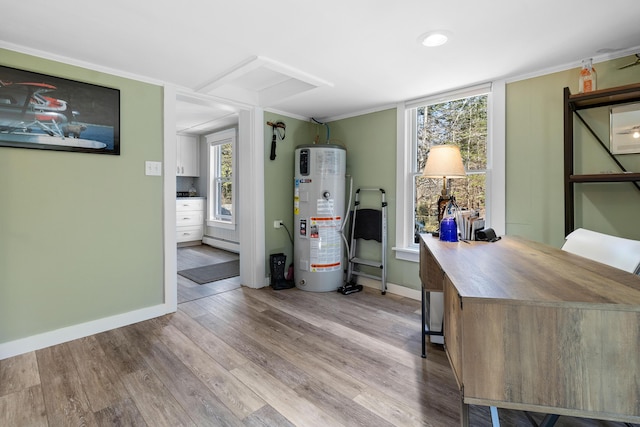 office with water heater, baseboards, baseboard heating, and wood finished floors