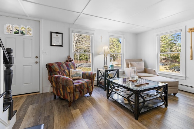 living room featuring wood-type flooring and a baseboard heating unit