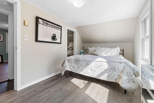 bedroom featuring a baseboard heating unit, lofted ceiling, wood finished floors, and multiple windows