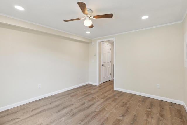 unfurnished room with a ceiling fan, wood finished floors, baseboards, ornamental molding, and recessed lighting