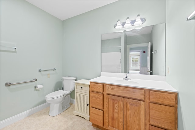 full bath featuring toilet, a shower, baseboards, and vanity