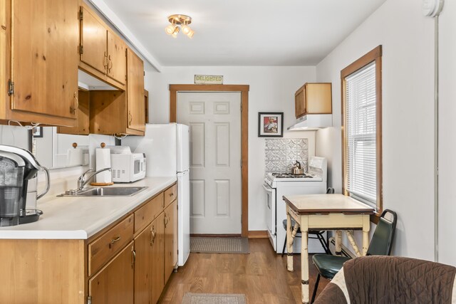 kitchen with a sink, light countertops, light wood-style floors, under cabinet range hood, and white appliances