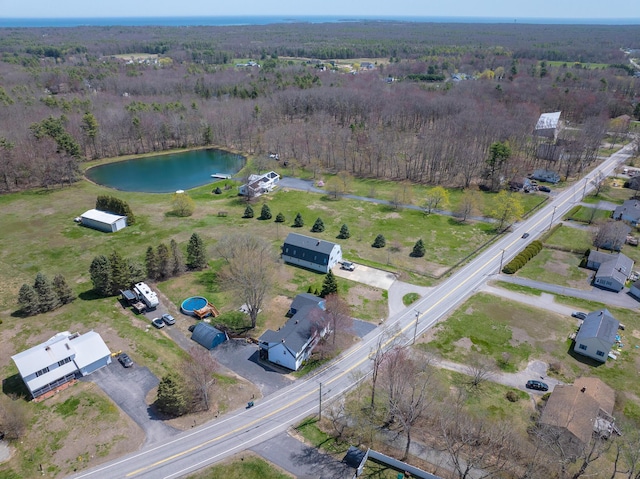 bird's eye view with a water view and a wooded view