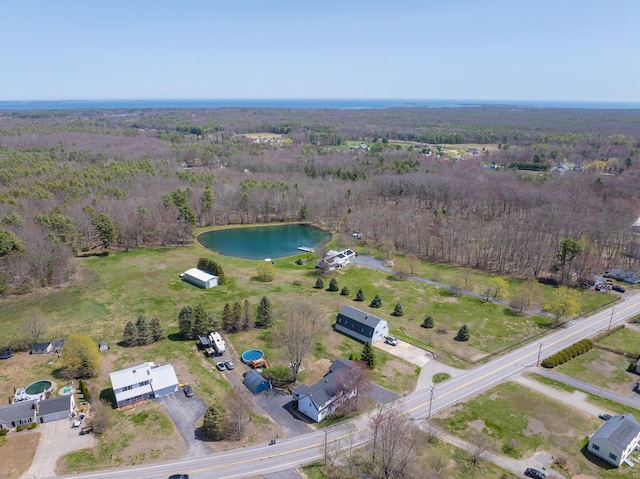 bird's eye view featuring a water view and a forest view