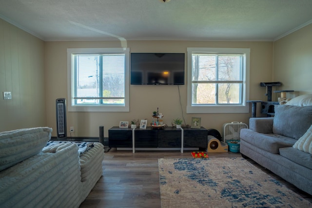 living area with ornamental molding and wood finished floors