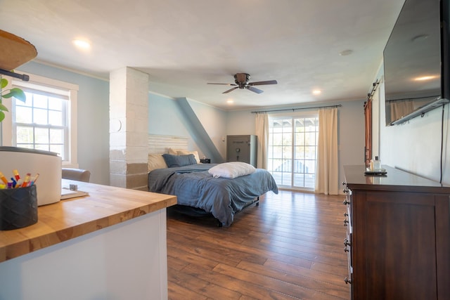 bedroom featuring crown molding, recessed lighting, ceiling fan, and dark wood finished floors