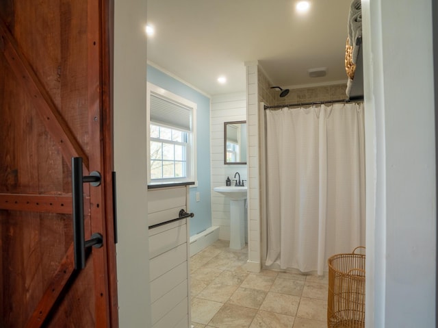 bathroom featuring crown molding, recessed lighting, a shower with curtain, and tile patterned flooring