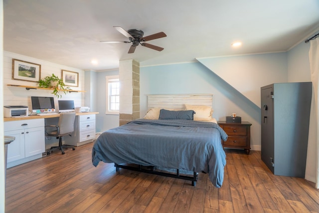 bedroom with crown molding, dark wood-style flooring, ceiling fan, and recessed lighting