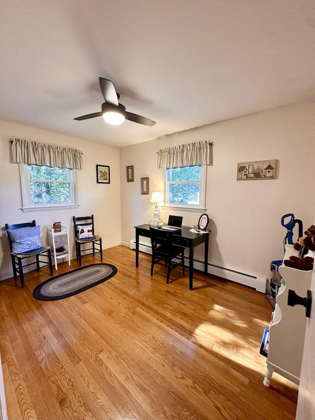 20 Patrick St, Skowhegan, ME 04976 - home office featuring wood finished floors, a ceiling fan, a baseboard radiator, and baseboards
